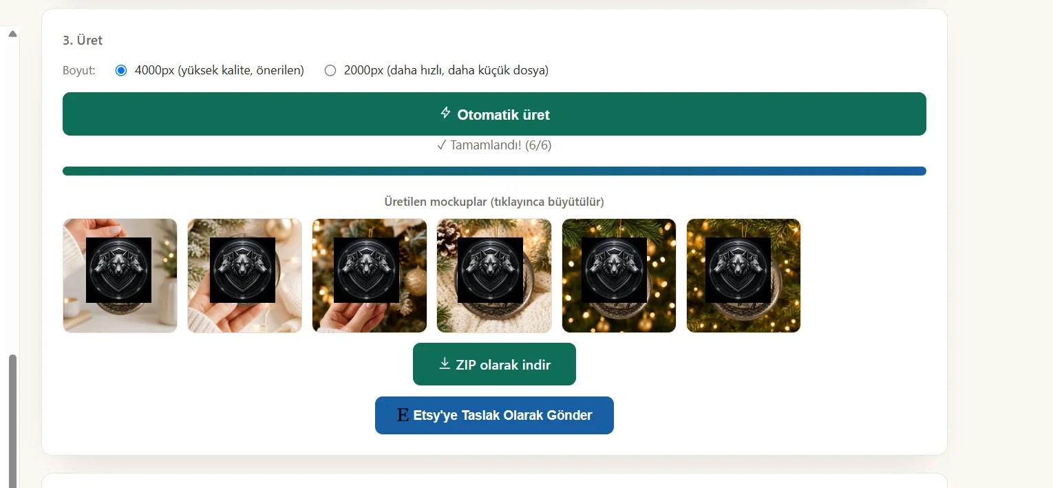 Hassas ürün görselleri düz bloklarla maskelenmiş Etsy taslak gönderim akışı